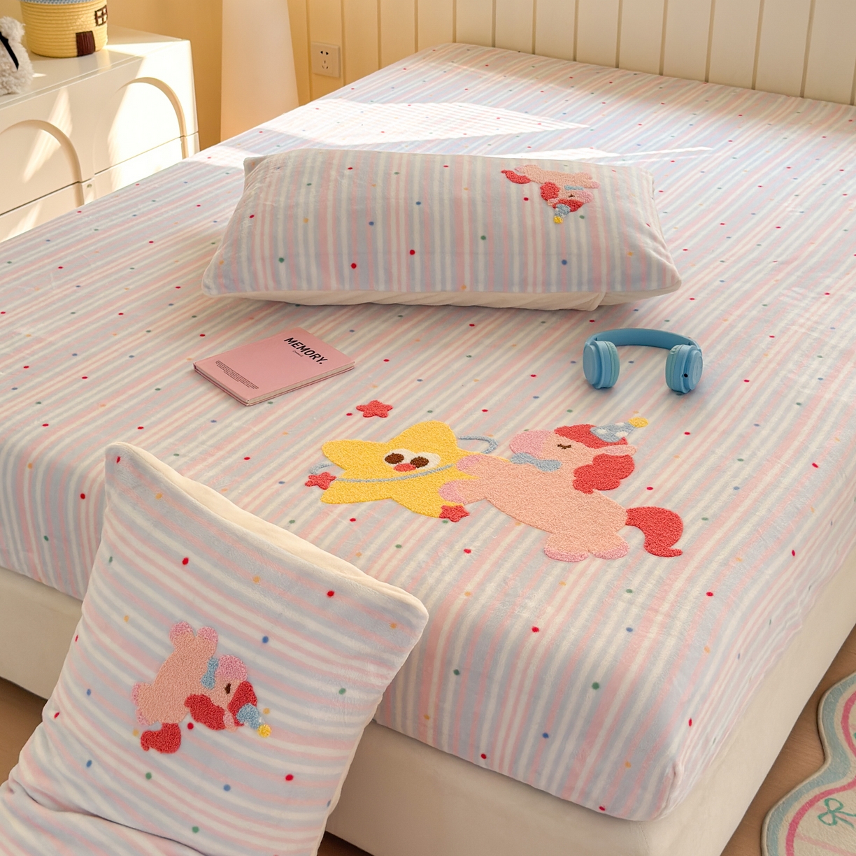 91家纺网 家纺一手货源 找家纺 寐居家纺 2025新款毛巾绣牛奶绒床笠 甜心小骑