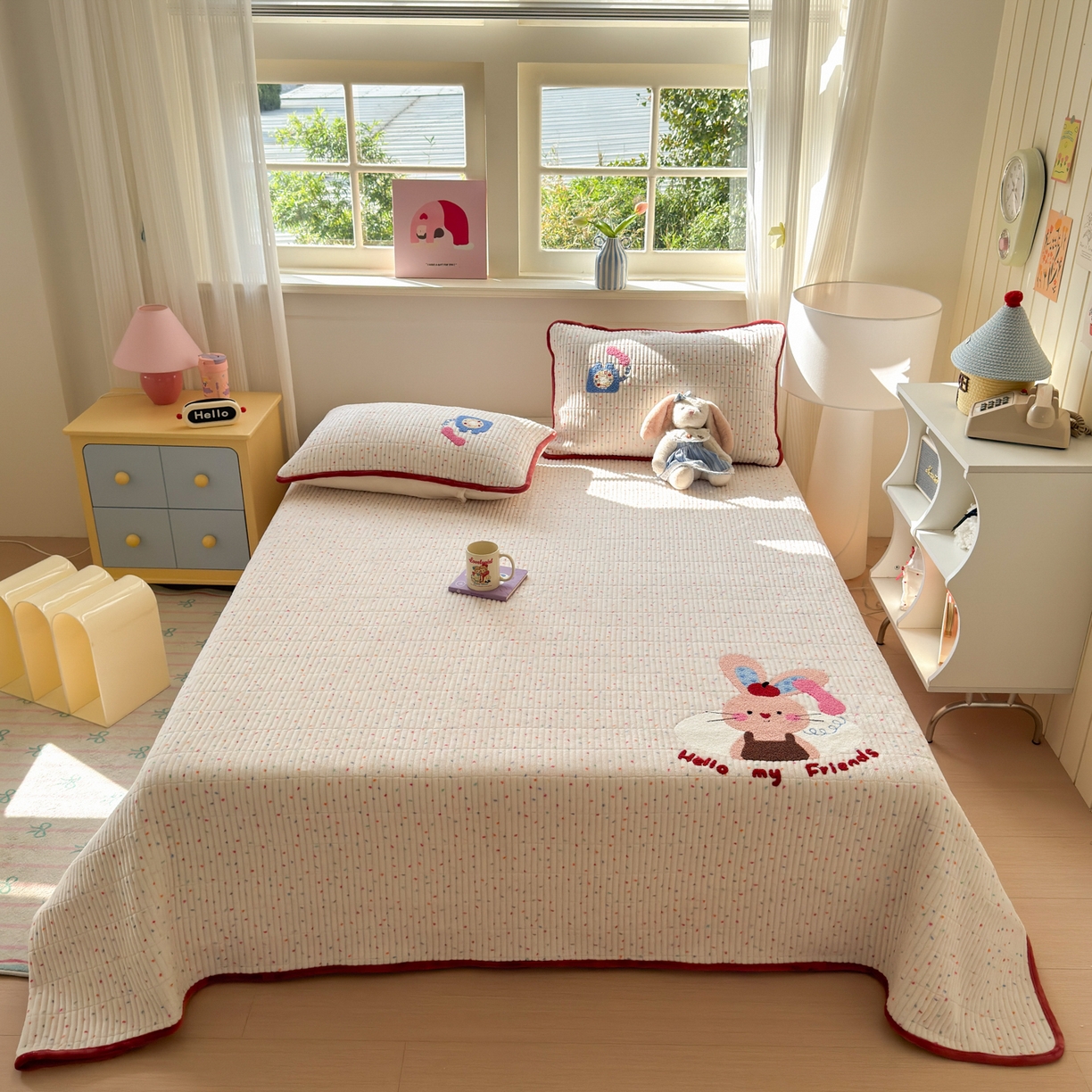 寐居家纺 2025新款A类牛奶绒毛巾绣床盖 萌兔有约