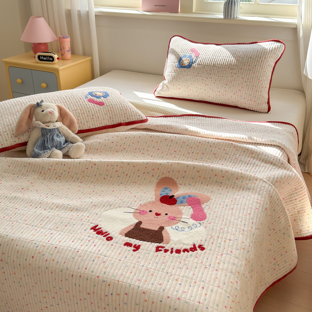 91家纺网 家纺一手货源 找家纺 寐居家纺 2025新款A类牛奶绒毛巾绣床盖 萌兔有约