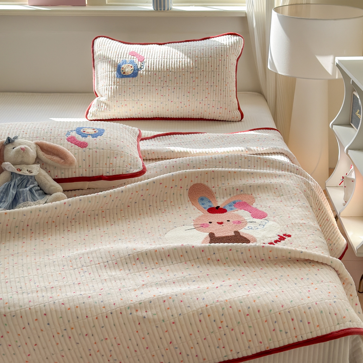 91家纺网 家纺一手货源 找家纺 寐居家纺 2025新款A类牛奶绒毛巾绣床盖 萌兔有约