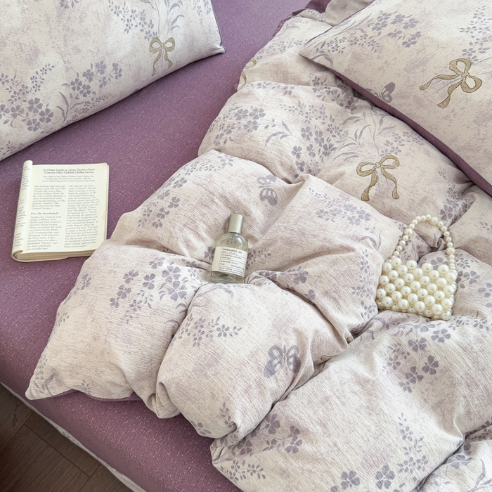 91家纺网 家纺一手货源 找家纺 佑佳家纺 2025新款复古印花亚麻双层纱花边床单款四件套 花姿