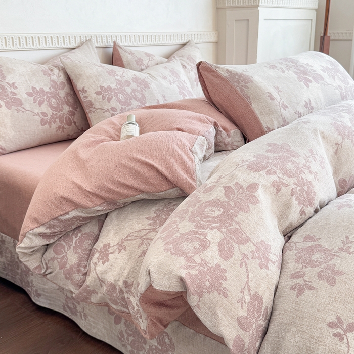 佑佳家纺 2025新款复古印花亚麻双层纱花边床单款四件套 知音-咖