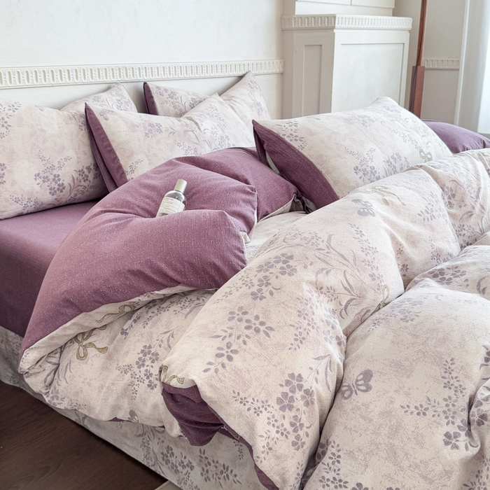 佑佳家纺 2025新款复古印花亚麻双层纱花边床单款四件套 花姿