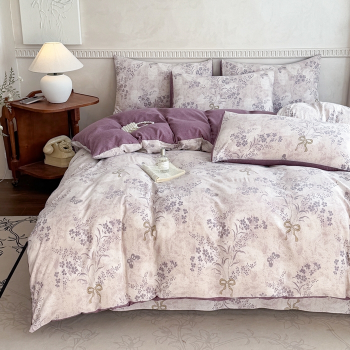 91家纺网 家纺一手货源 找家纺 佑佳家纺 2025新款复古印花亚麻双层纱花边床单款四件套 花姿