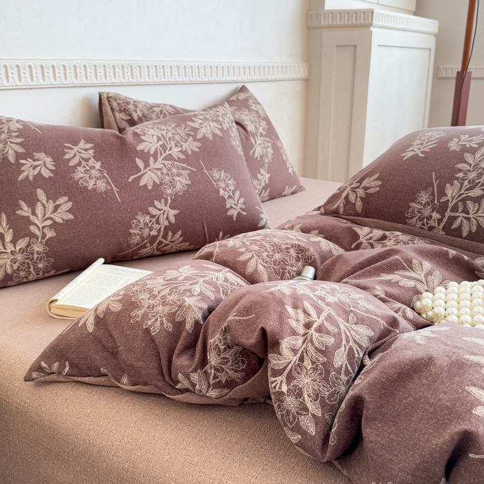 91家纺网 家纺一手货源 找家纺 佑佳家纺 2025新款复古印花亚麻双层纱花边床单款四件套 锦瑟