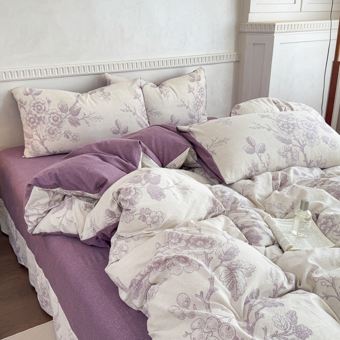 91家纺网 家纺一手货源 找家纺 佑佳家纺 2025新款复古印花亚麻双层纱花边床单款四件套 紫韵