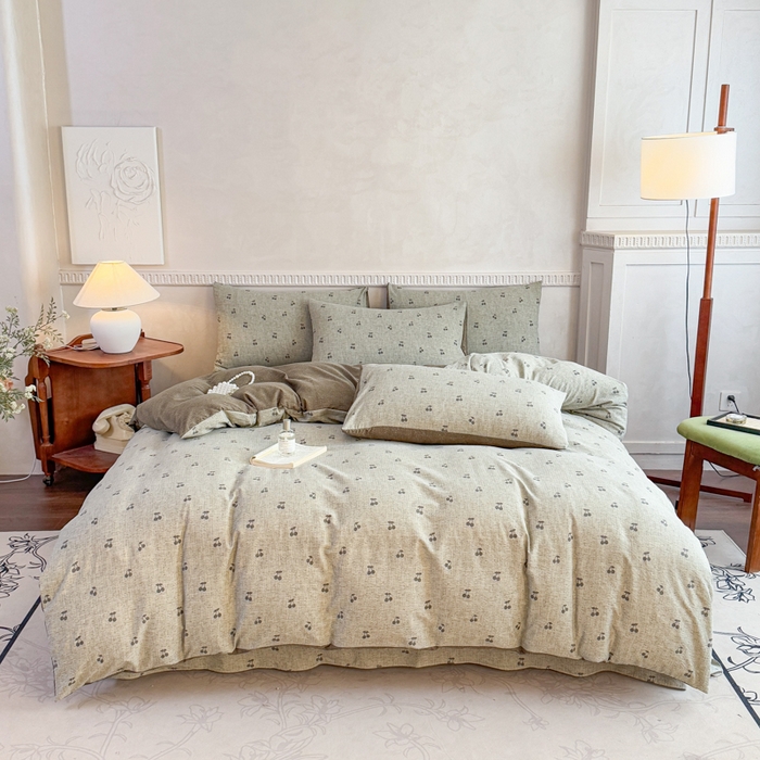 91家纺网 家纺一手货源 找家纺 佑佳家纺 2025新款复古印花亚麻双层纱花边床单款四件套 绿樱