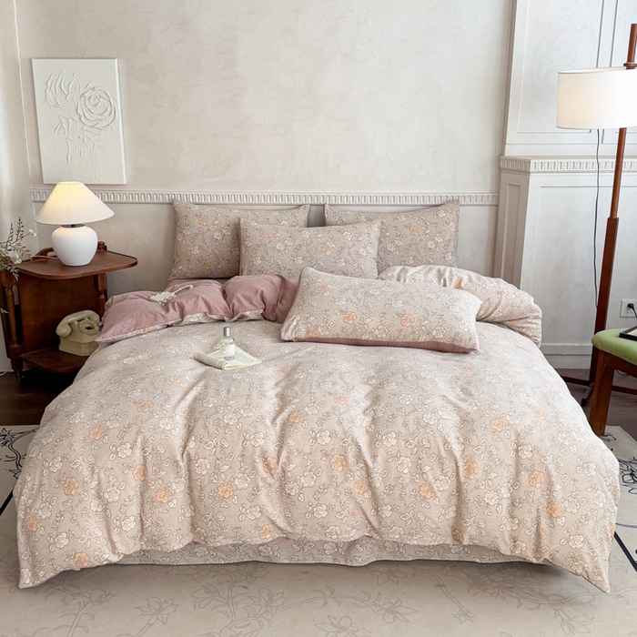 91家纺网 家纺一手货源 找家纺 佑佳家纺 2025新款复古印花亚麻双层纱花边床单款四件套 枫华