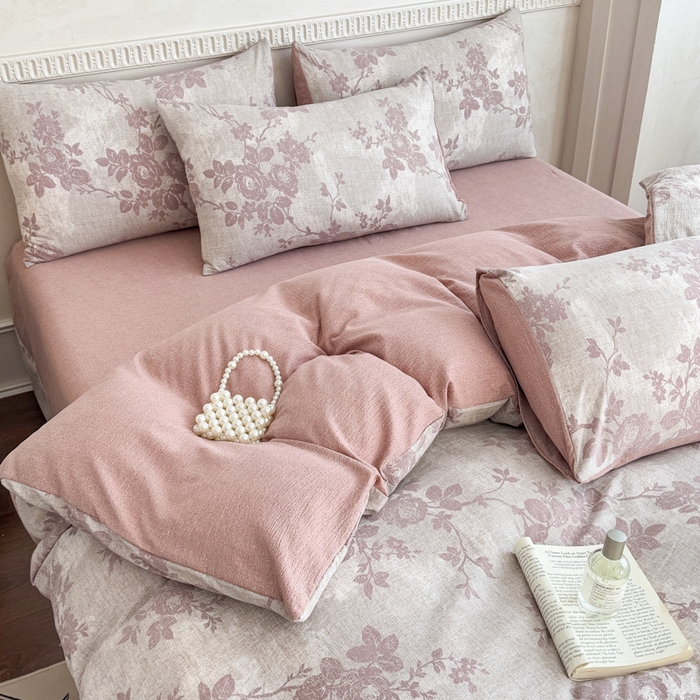 91家纺网 家纺一手货源 找家纺 佑佳家纺 2025新款复古印花亚麻双层纱花边床单款四件套 知音-咖