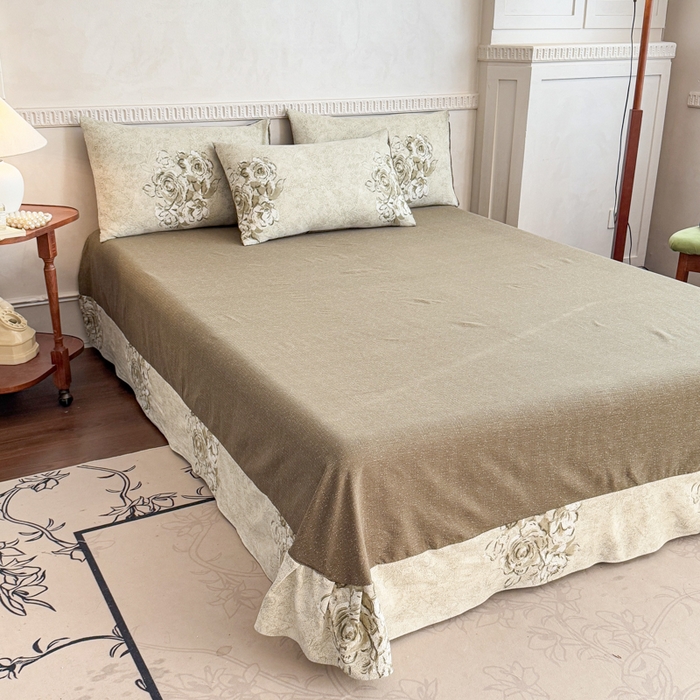 91家纺网 家纺一手货源 找家纺 佑佳家纺 2025新款复古印花亚麻双层纱花边床单款四件套 青萝