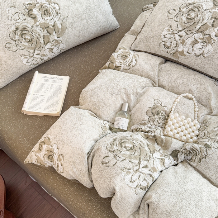 91家纺网 家纺一手货源 找家纺 佑佳家纺 2025新款复古印花亚麻双层纱花边床单款四件套 青萝