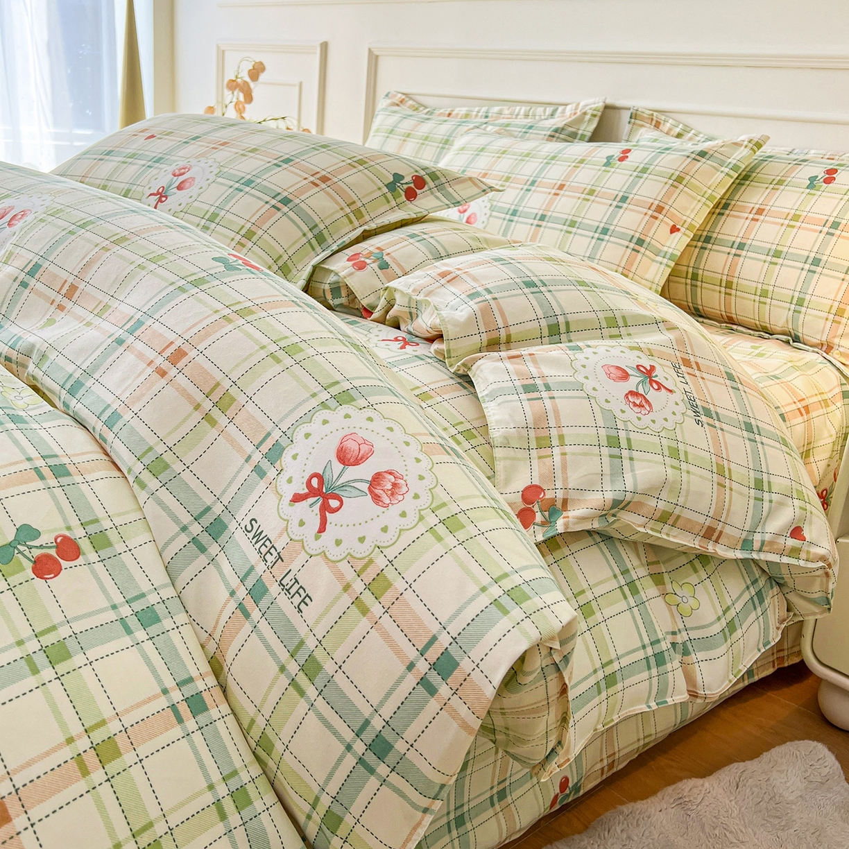 91家纺网 家纺一手货源 找家纺  爱一个家 2025新款植物羊绒四件套 甜梦格