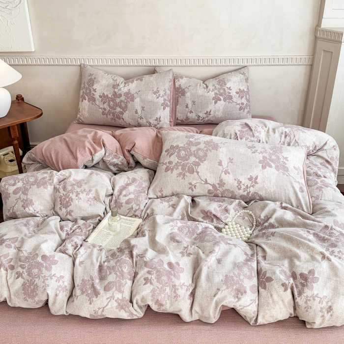 91家纺网 家纺一手货源 找家纺 佑佳家纺 2025新款复古印花亚麻双层纱花边床单款四件套 知音-咖