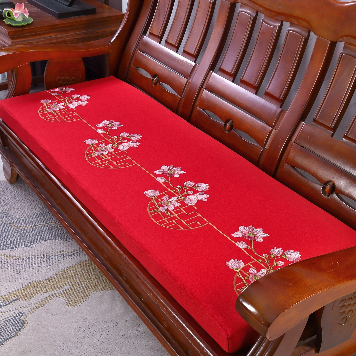 米莱家纺 2025新款中式风格沙发坐垫椅垫 亚麻-花开红