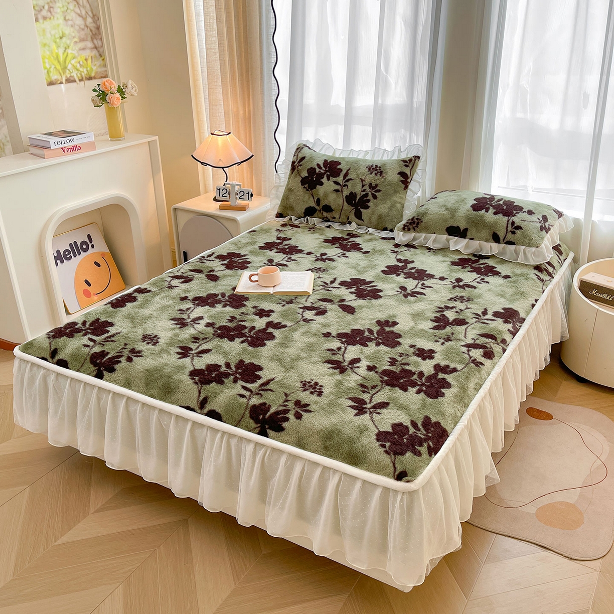 91家纺网 家纺一手货源 找家纺 喜居 2025新款法式兔毛绒双层花边床裙款床笠 绿野仙踪