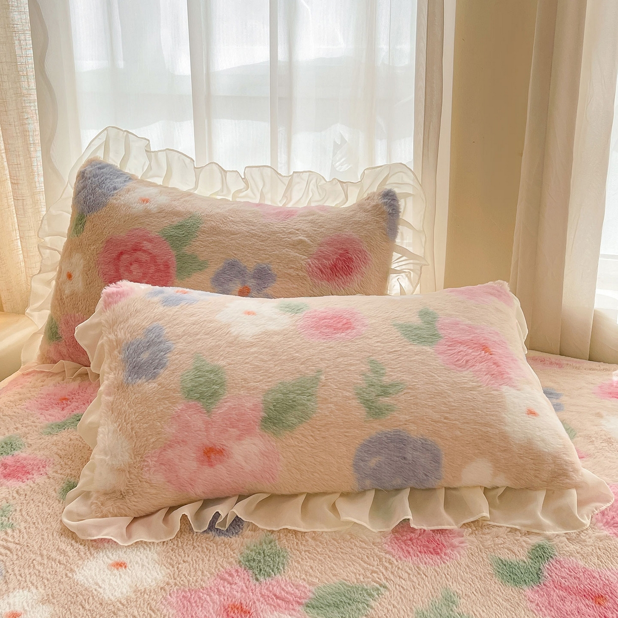 91家纺网 家纺一手货源 找家纺 喜居 2025新款法式兔毛绒双层花边床裙款床笠 花海-粉