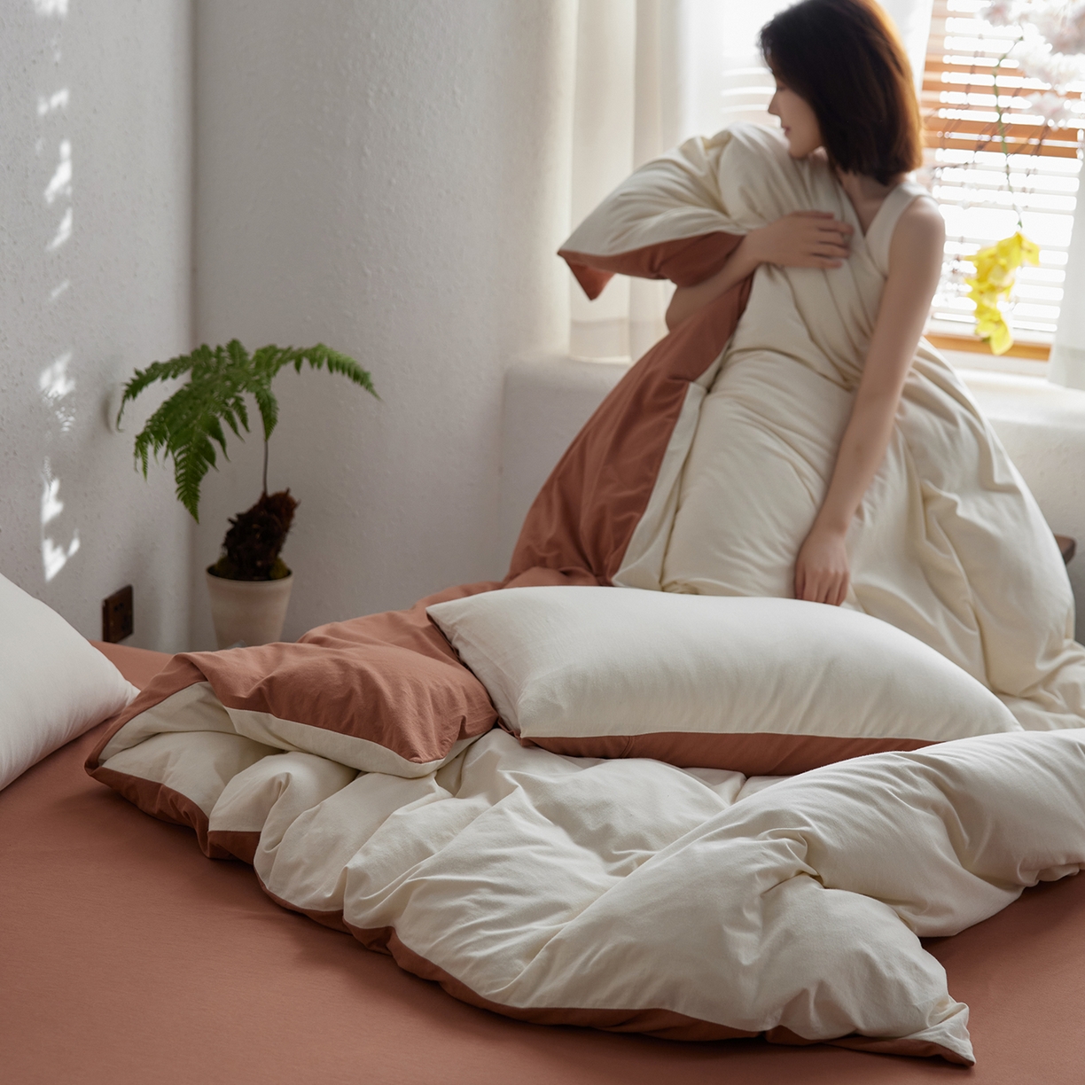 91家纺网 家纺一手货源 找家纺 风向标家纺 2025新款亲肤舒适赛络棉全棉纯棉针织棉（螺旋纱）四件套 香雪雾蓉