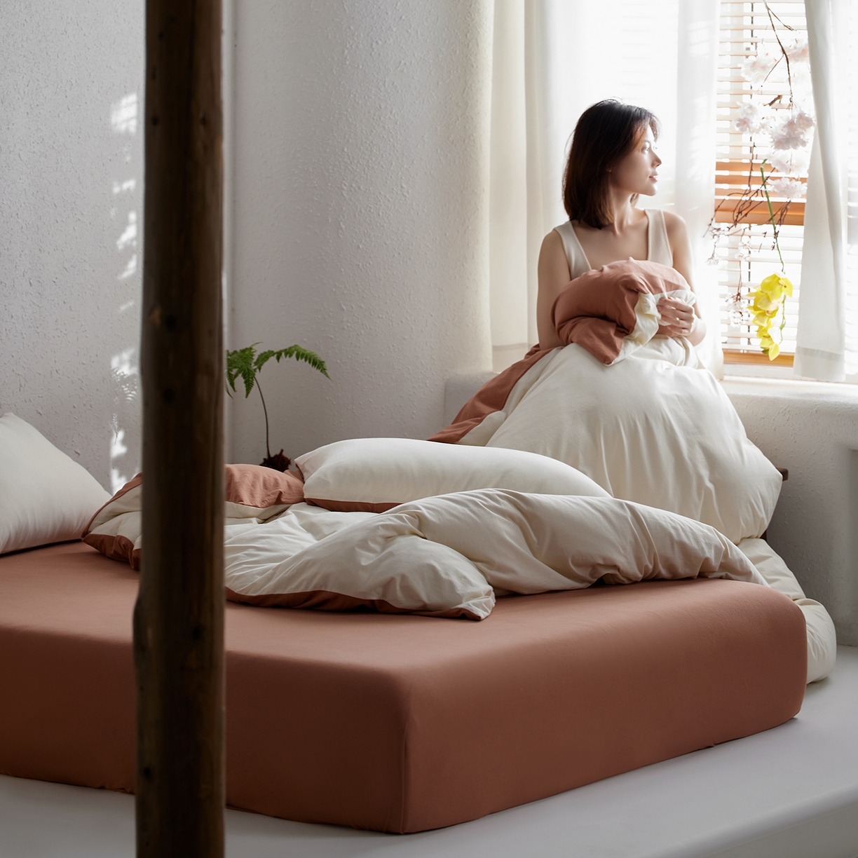 91家纺网 家纺一手货源 找家纺 风向标家纺 2025新款亲肤舒适赛络棉全棉纯棉针织棉（螺旋纱）四件套 香雪雾蓉