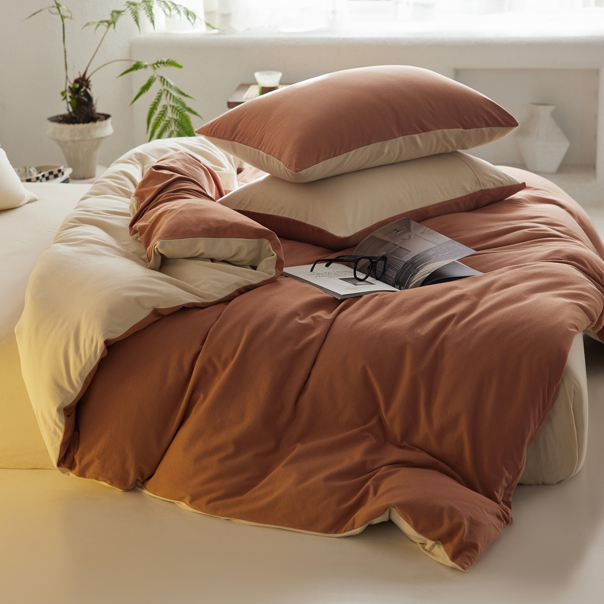 91家纺网 家纺一手货源 找家纺 风向标家纺 2025新款亲肤舒适赛络棉全棉纯棉针织棉（螺旋纱）四件套 慕斯咖啡