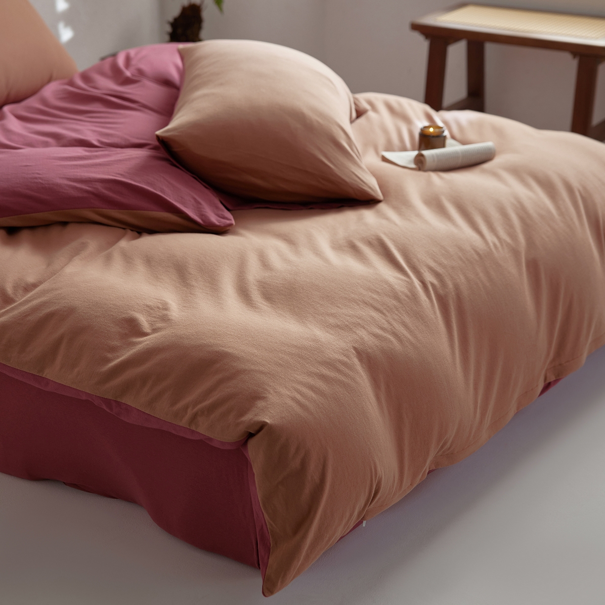 91家纺网 家纺一手货源 找家纺 风向标家纺 2025新款亲肤舒适赛络棉全棉纯棉针织棉（螺旋纱）四件套 慕斯红酒