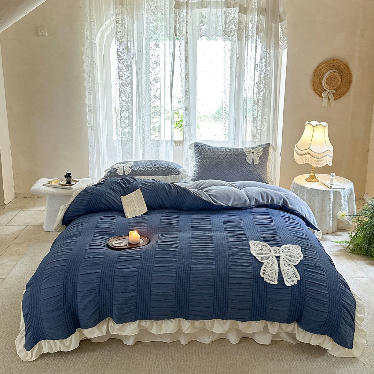 梵克保罗 2025新款亲肤舒适牛奶绒花边床盖四件套 海盐蓝