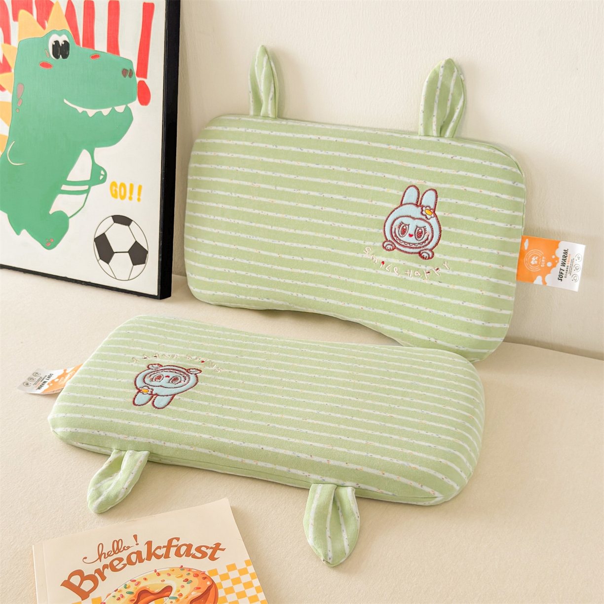 91家纺网 家纺一手货源 找家纺 麦肯锡 2025新款卡通刺绣婴童记忆枕  枕头枕芯 绿色/对