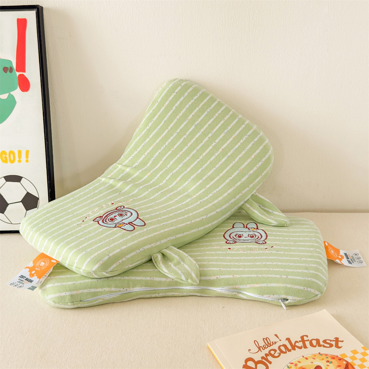 91家纺网 家纺一手货源 找家纺 麦肯锡 2025新款卡通刺绣婴童记忆枕  枕头枕芯 绿色/对