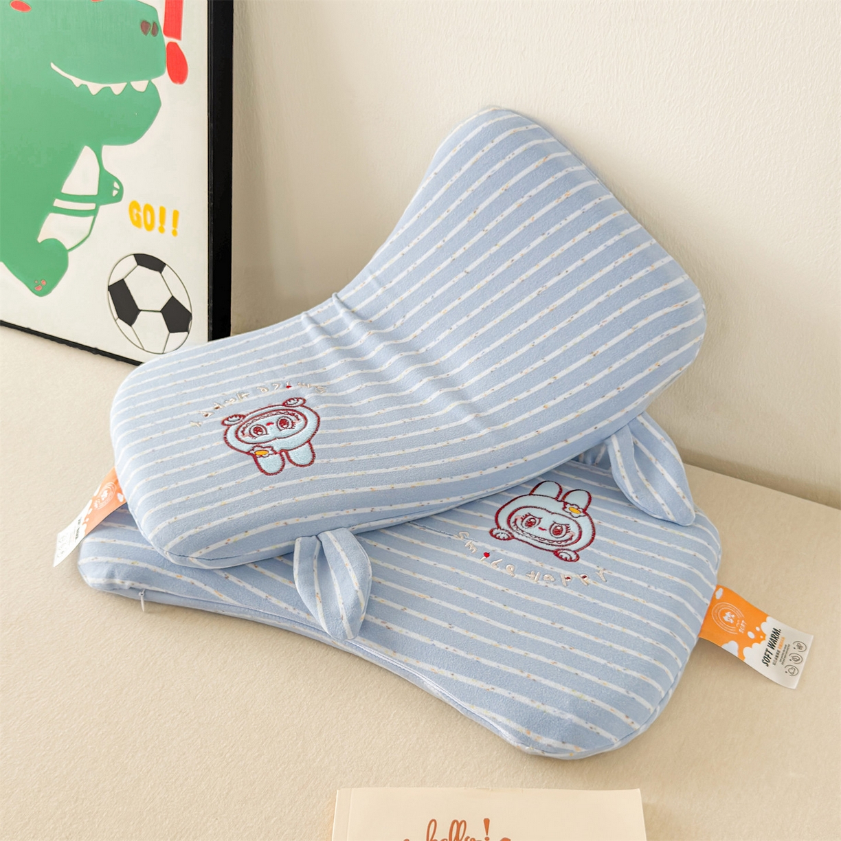 91家纺网 家纺一手货源 找家纺 麦肯锡 2025新款卡通刺绣婴童记忆枕  枕头枕芯 蓝色/对