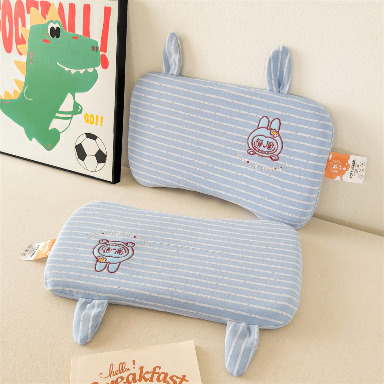 91家纺网 家纺一手货源 找家纺 麦肯锡 2025新款卡通刺绣婴童记忆枕  枕头枕芯 蓝色/对