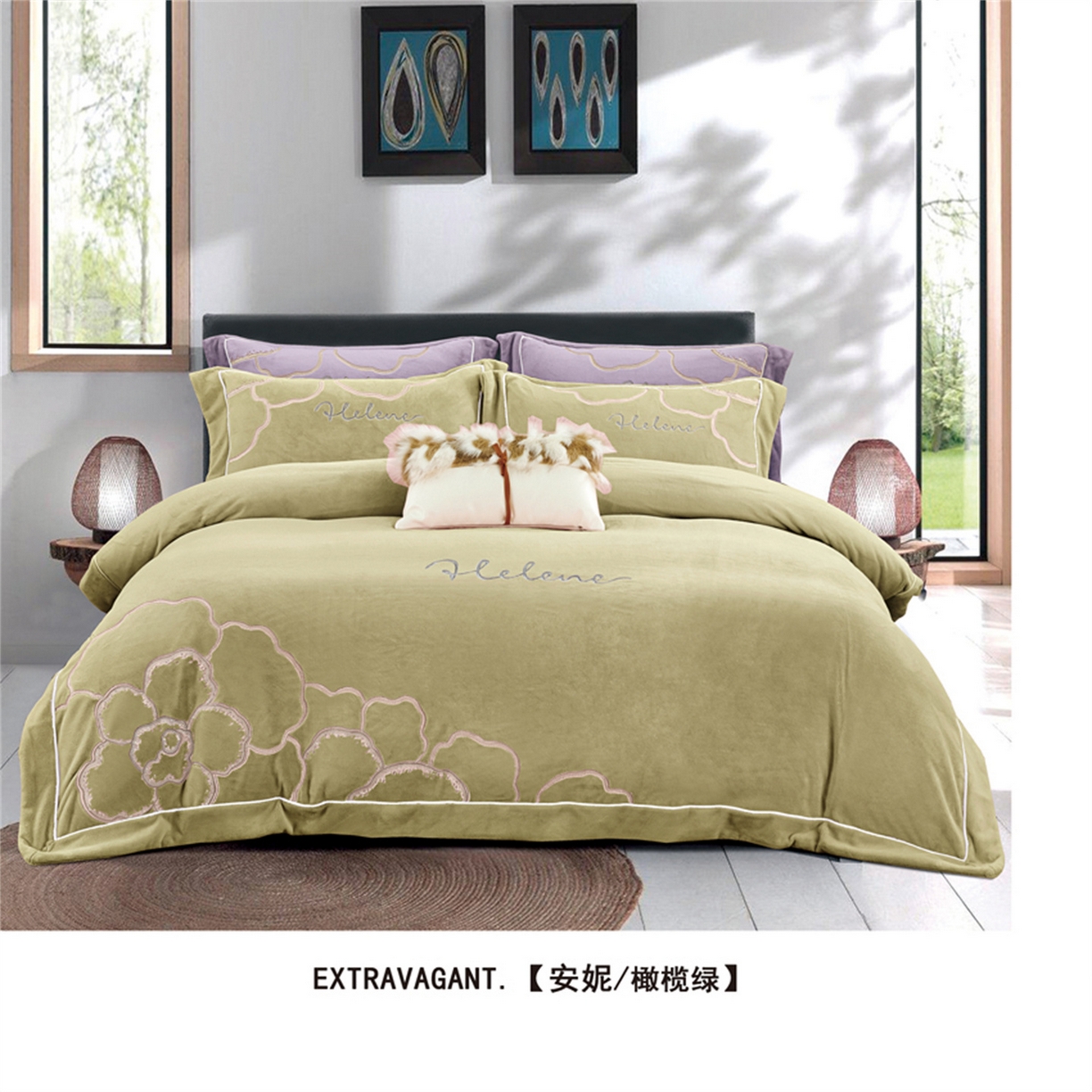 91家纺网 家纺一手货源 找家纺 芯丝路枕业 2025新款蚕丝棉四件套-安妮系列 橄榄绿