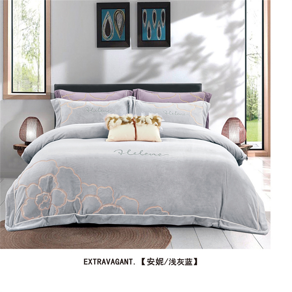 91家纺网 家纺一手货源 找家纺 芯丝路枕业 2025新款蚕丝棉四件套-安妮系列 浅灰蓝