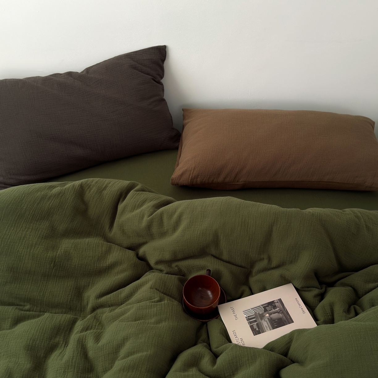玖弘家居 2025新款软糯皱皱纱四件套系列 橄榄绿（巧克力棕+太妃棕）