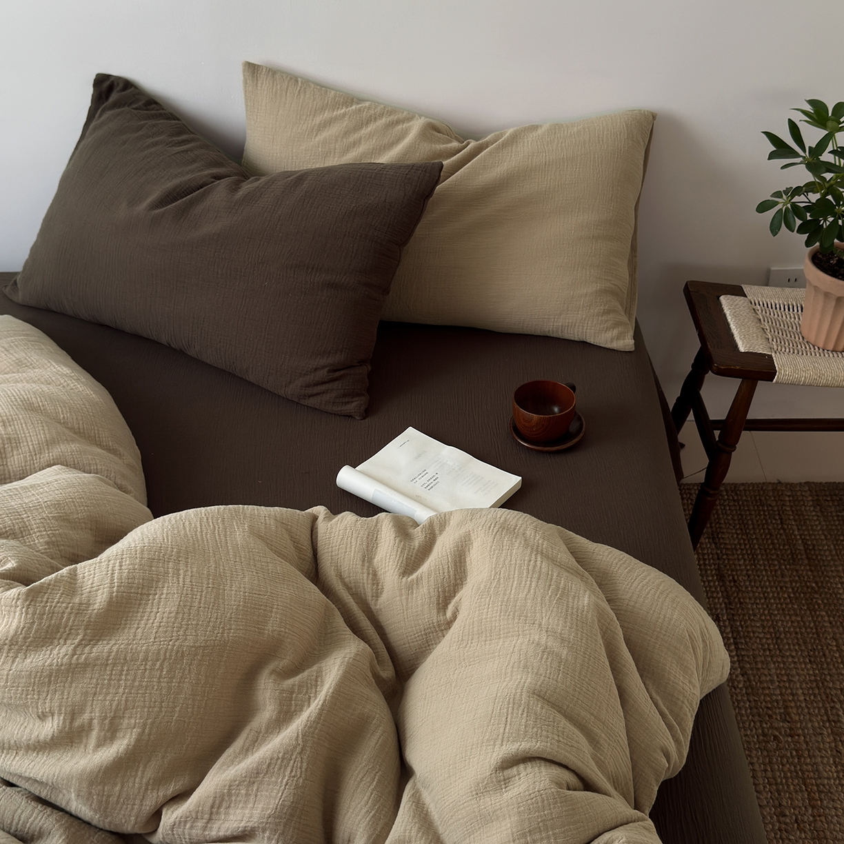 玖弘家居 2025新款软糯皱皱纱四件套系列 燕麦+巧克力棕（燕麦+巧克力棕）