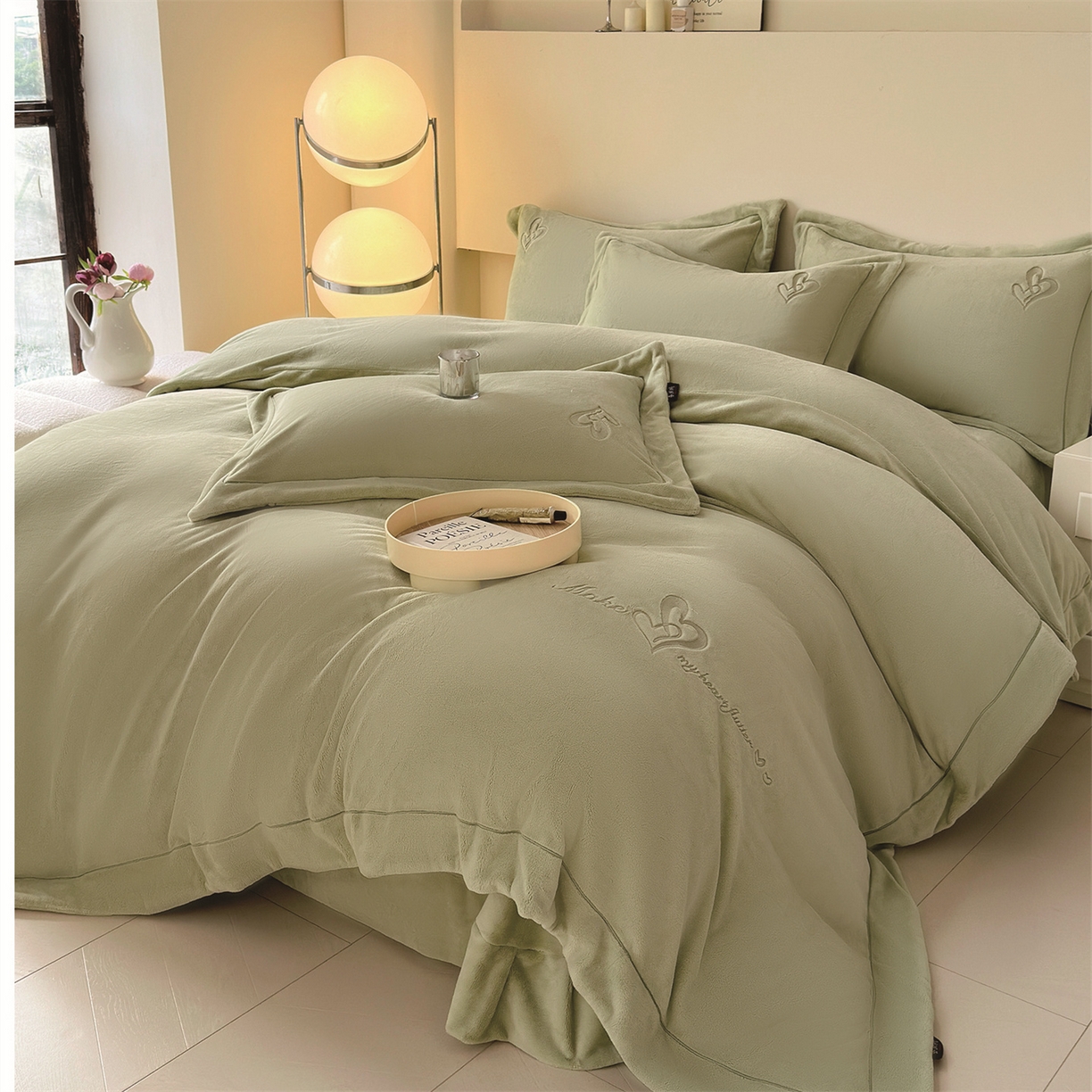 芯丝路家纺 2025新款蚕丝棉四件套-心相印系列 灰湖绿