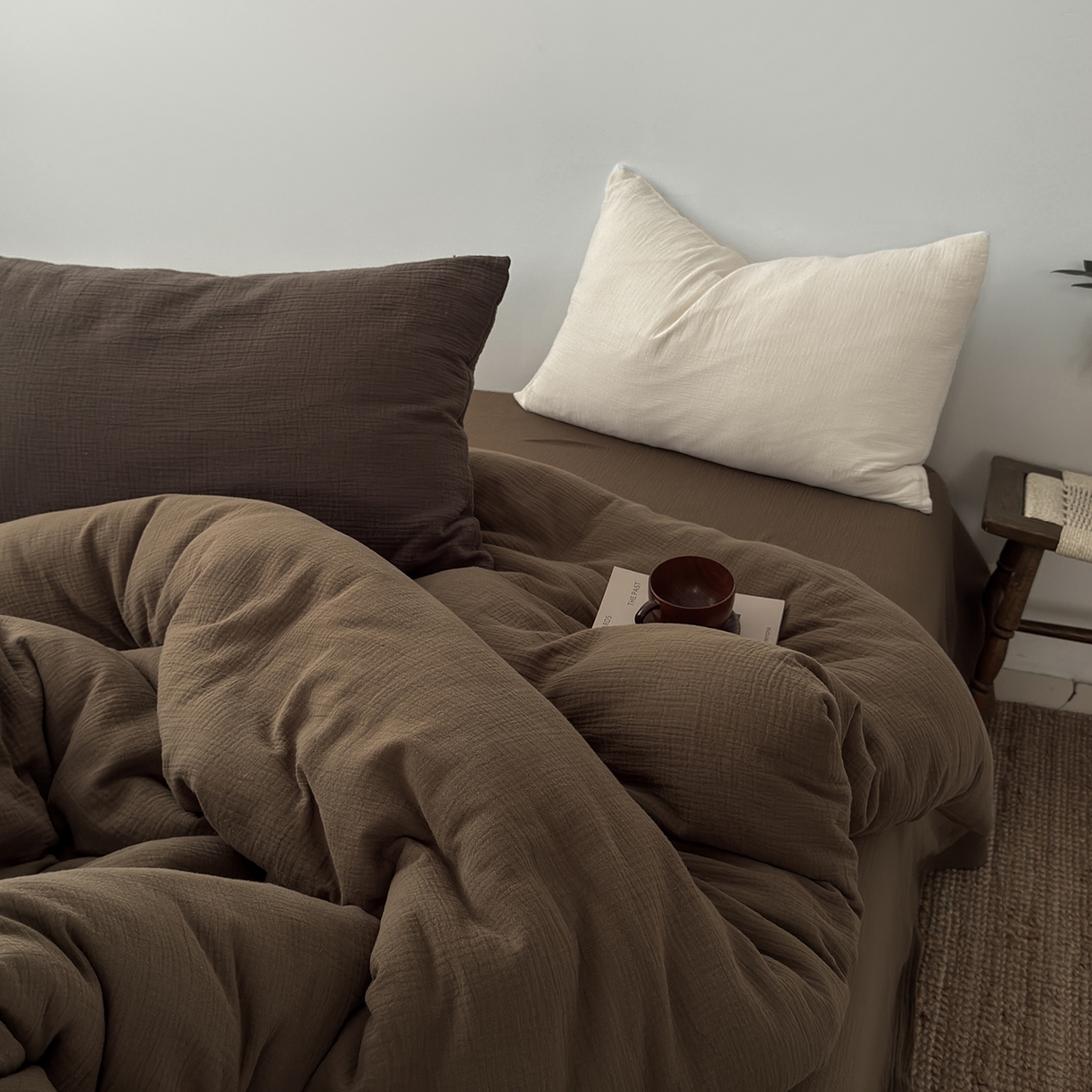 玖弘家居 2025新款软糯皱皱纱四件套系列 太妃棕 （奶白+巧克力棕）
