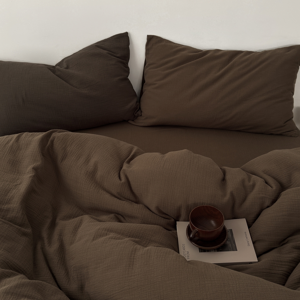 玖弘家居 2025新款软糯皱皱纱四件套系列 太妃棕 （太妃棕+巧克力棕）