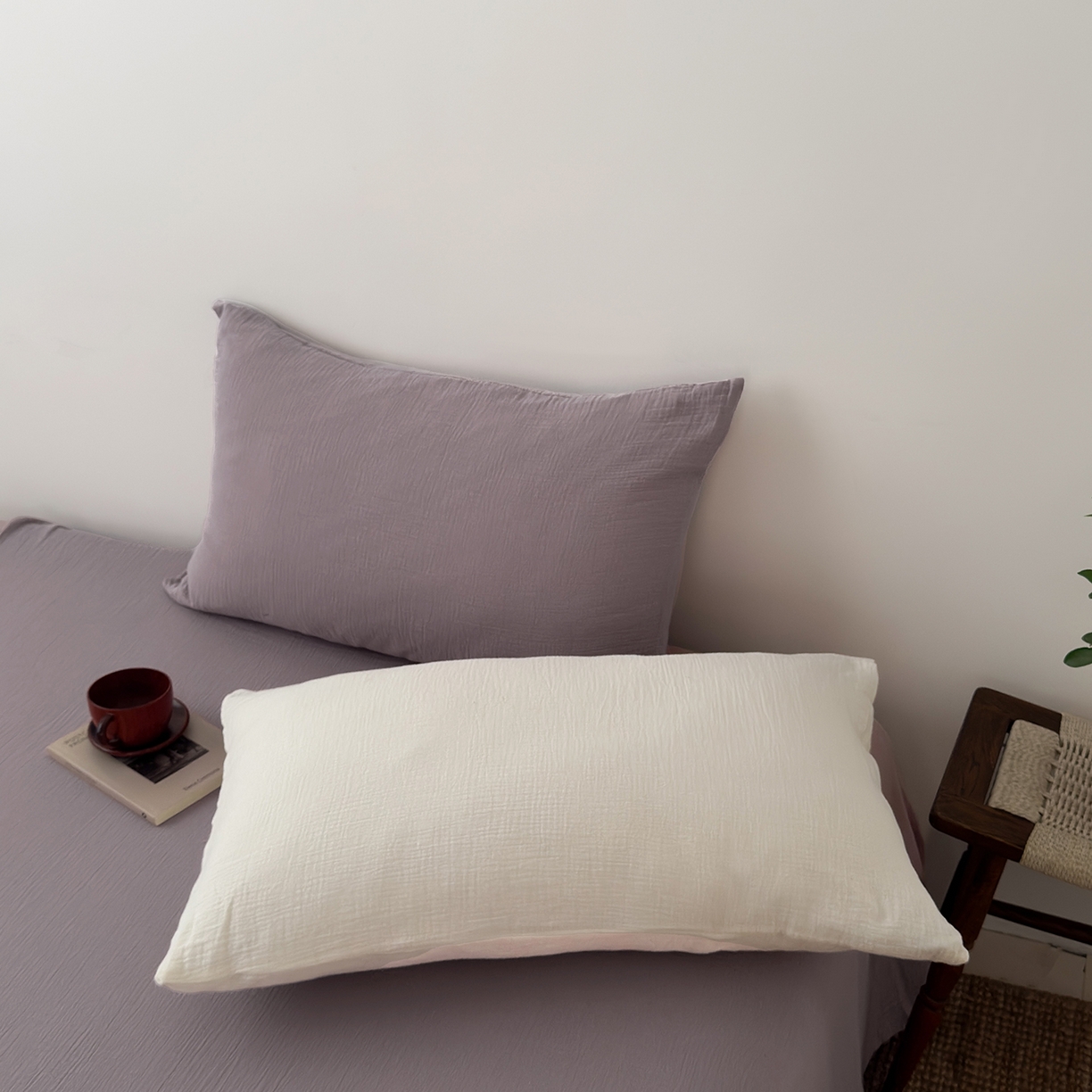 91家纺网 家纺一手货源 找家纺 玖弘家居 2025新款软糯皱皱纱四件套系列 芋紫（芋紫+奶白）