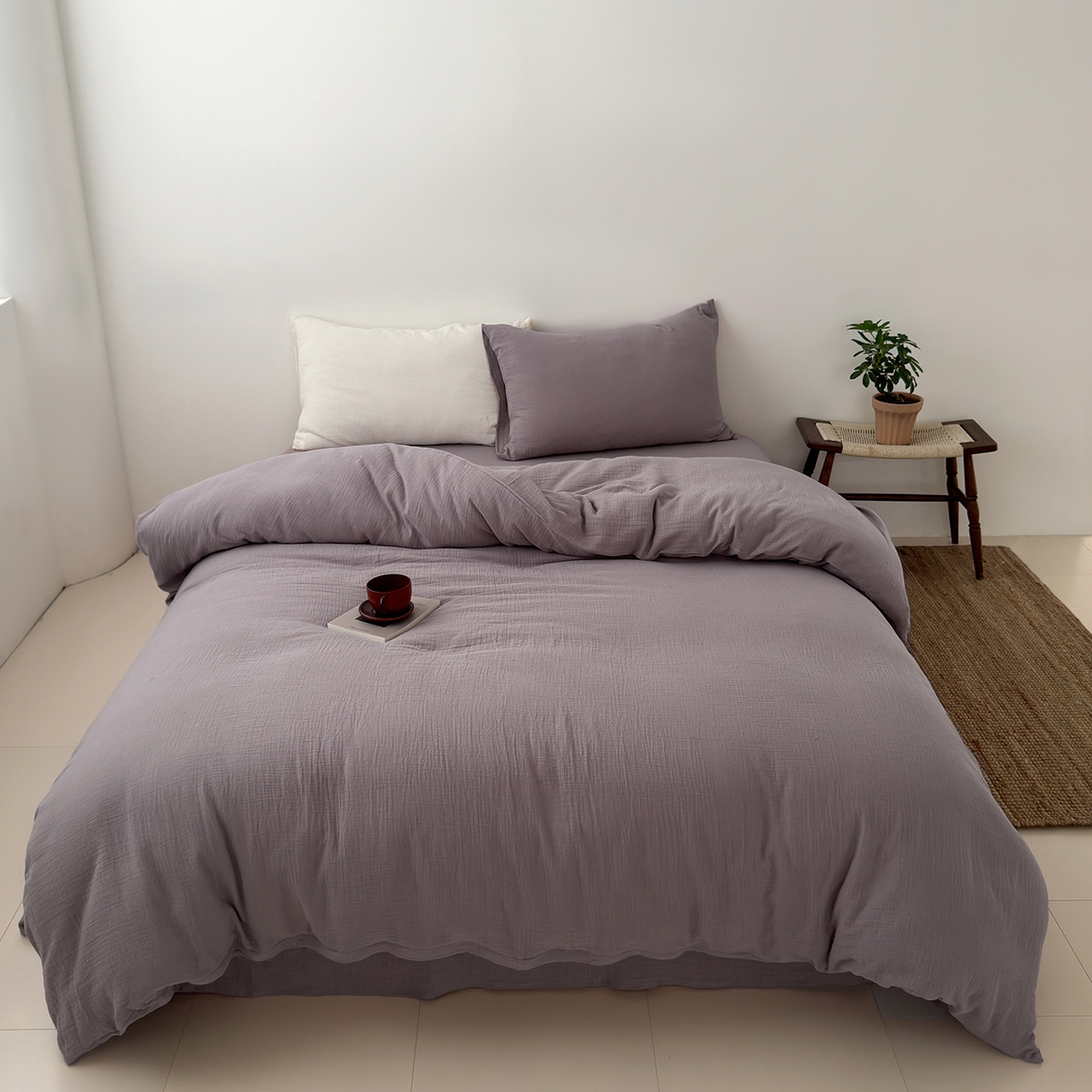 91家纺网 家纺一手货源 找家纺 玖弘家居 2025新款软糯皱皱纱四件套系列 芋紫（芋紫+奶白）