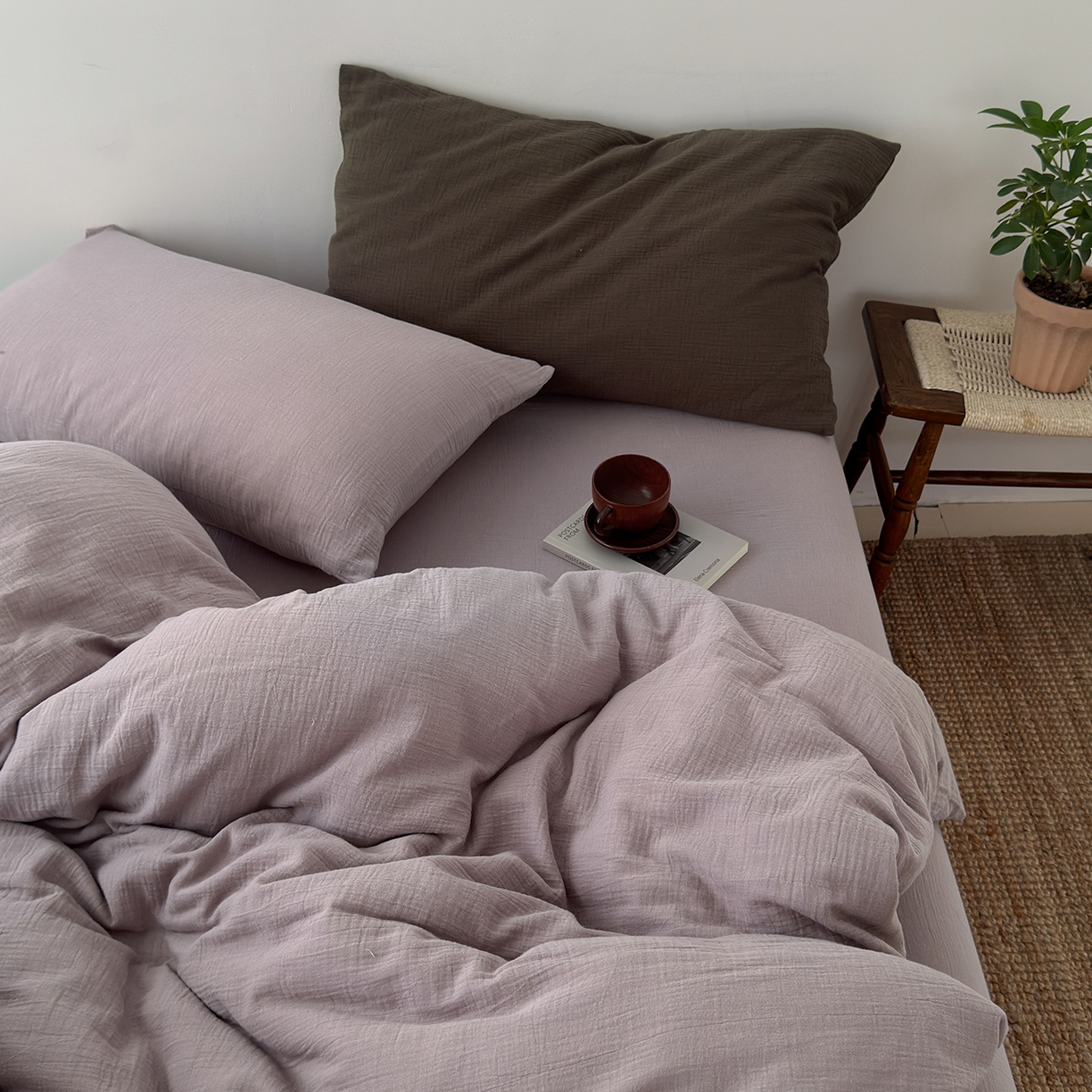 玖弘家居 2025新款软糯皱皱纱四件套系列 芋紫（芋紫+巧克力棕）