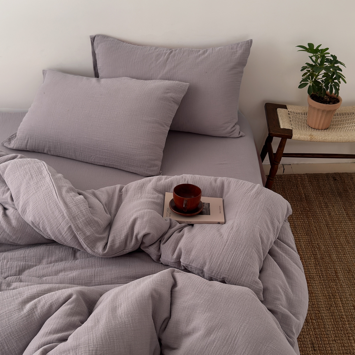 91家纺网 家纺一手货源 找家纺 玖弘家居 2025新款软糯皱皱纱四件套系列 芋紫（芋紫一对）