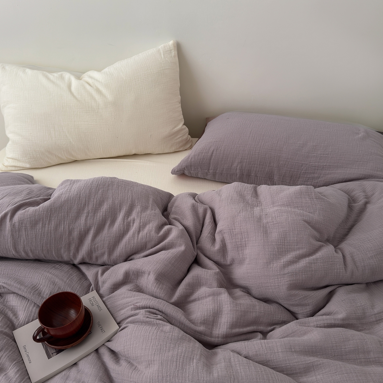 玖弘家居 2025新款软糯皱皱纱四件套系列 芋紫+奶白（芋紫+奶白）