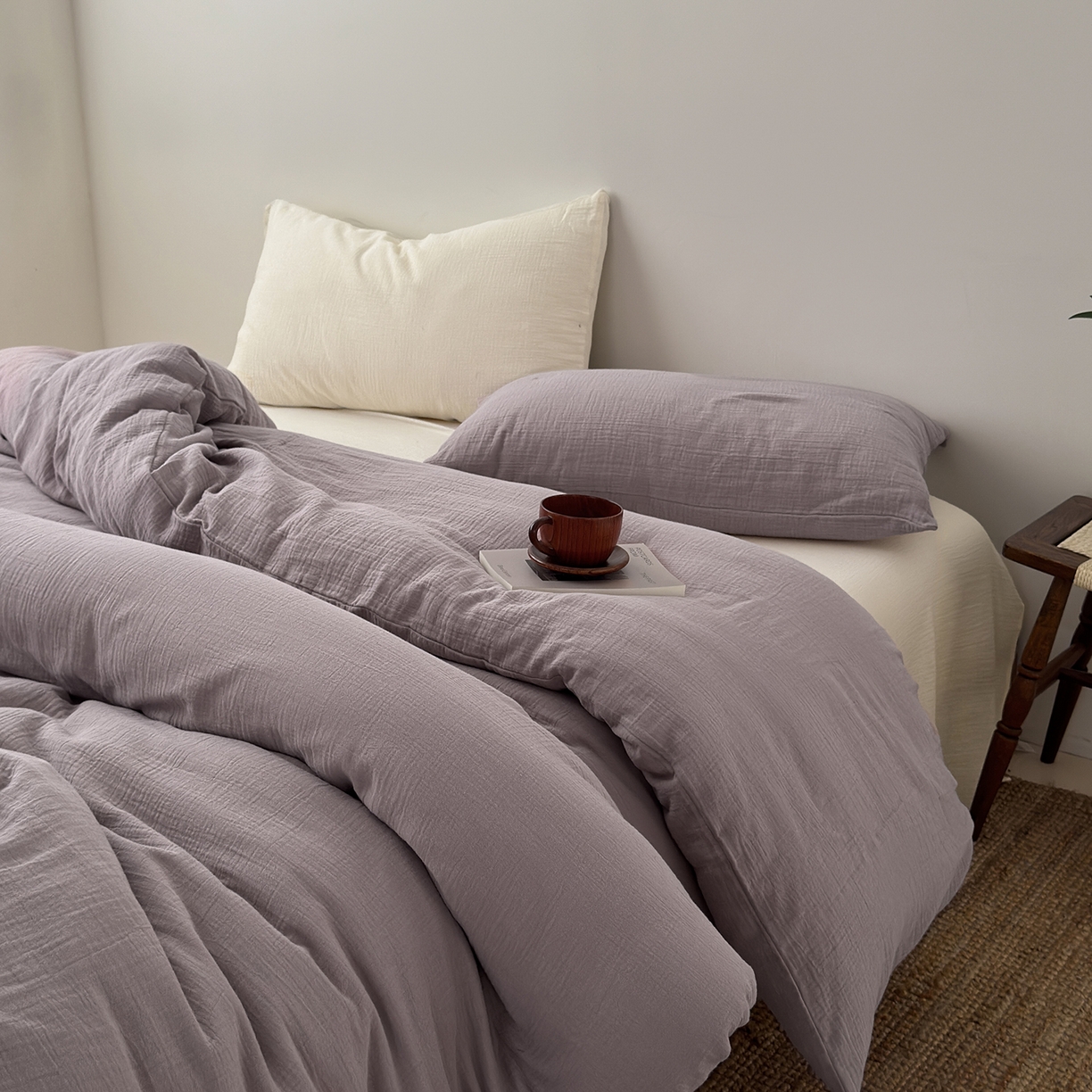 91家纺网 家纺一手货源 找家纺 玖弘家居 2025新款软糯皱皱纱四件套系列 芋紫+奶白（芋紫+奶白）