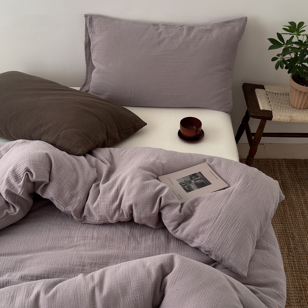 玖弘家居 2025新款软糯皱皱纱四件套系列 芋紫+奶白（芋紫+巧克力棕）