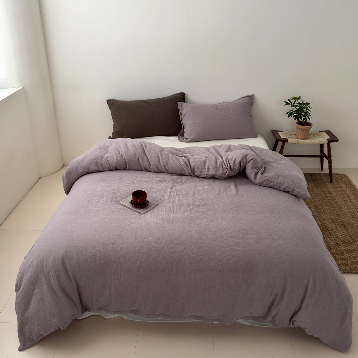 91家纺网 家纺一手货源 找家纺 玖弘家居 2025新款软糯皱皱纱四件套系列 芋紫+奶白（芋紫+巧克力棕）