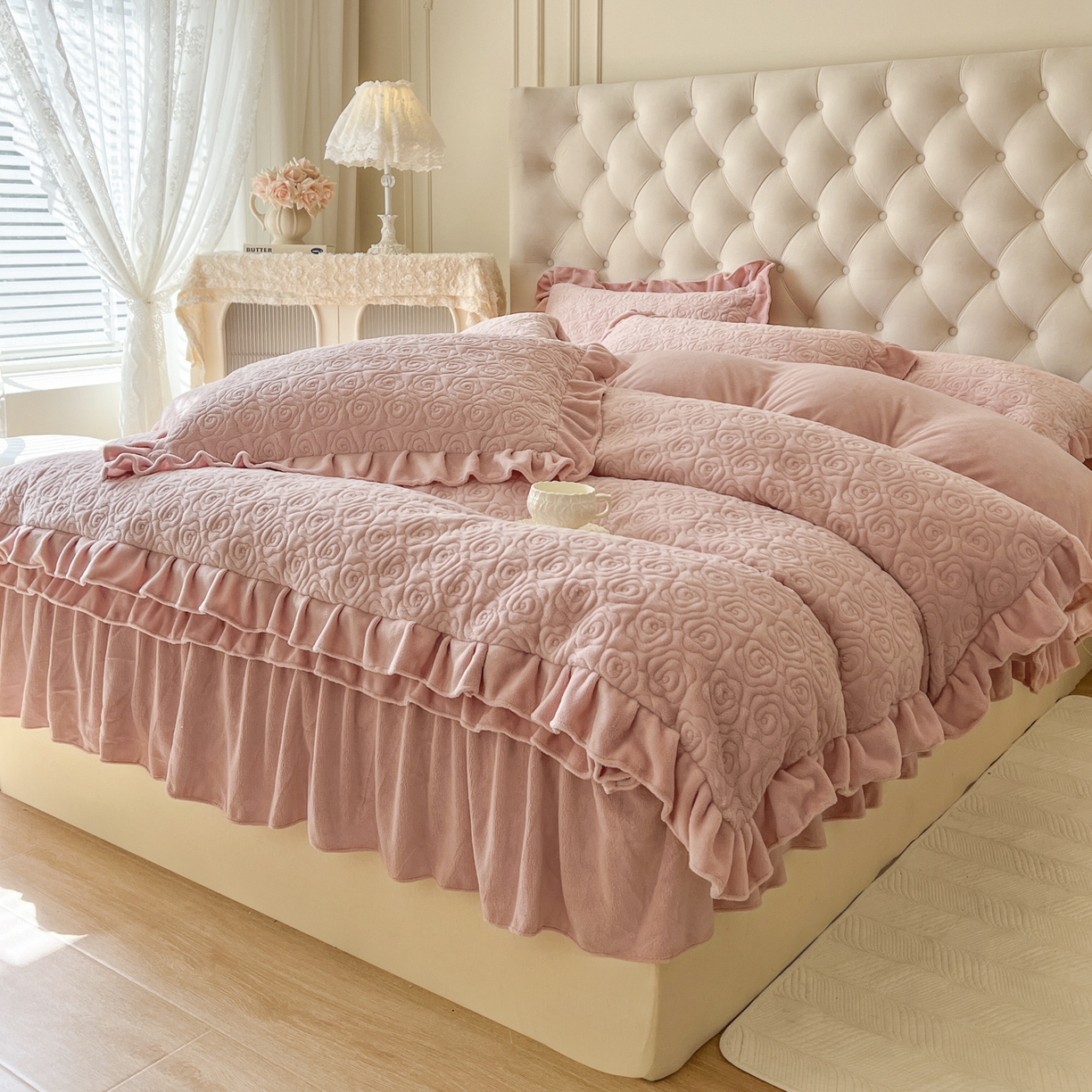 91家纺网 家纺一手货源 找家纺 （总）恋尚 2025新款加厚牛奶绒保暖床笠式床裙单品床裙床裙单件-莫奈花园（床裙控价130起）