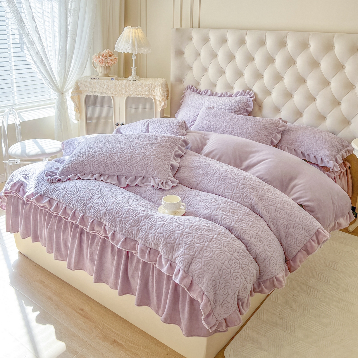 91家纺网 家纺一手货源 找家纺 恋尚 2025新款加厚牛奶绒保暖床笠式床裙单品床裙床裙单件-莫奈花园（床裙控价130起） 莫奈花园-香芋紫