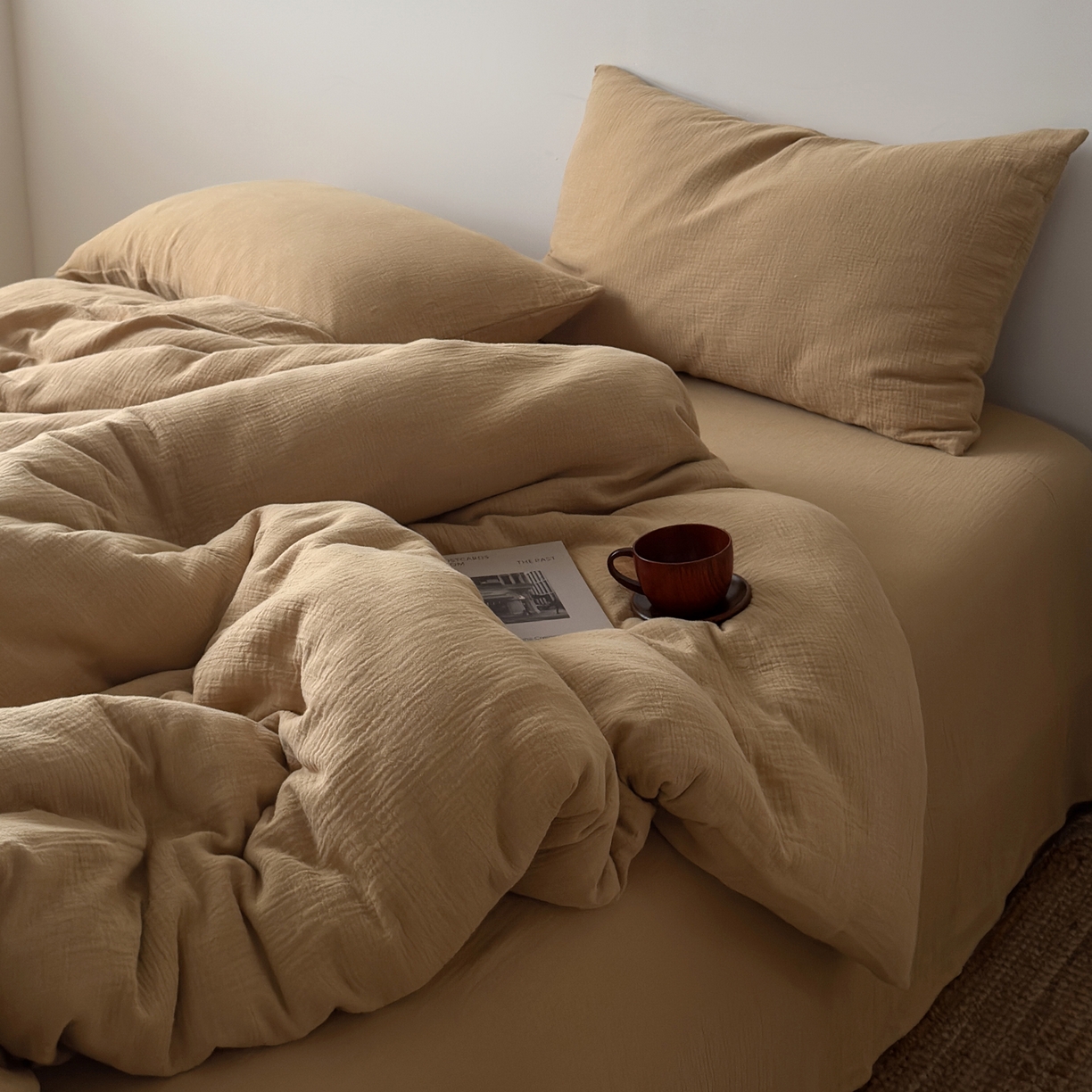 91家纺网 家纺一手货源 找家纺 玖弘家居 2025新款软糯皱皱纱单品被套系列 杏仁