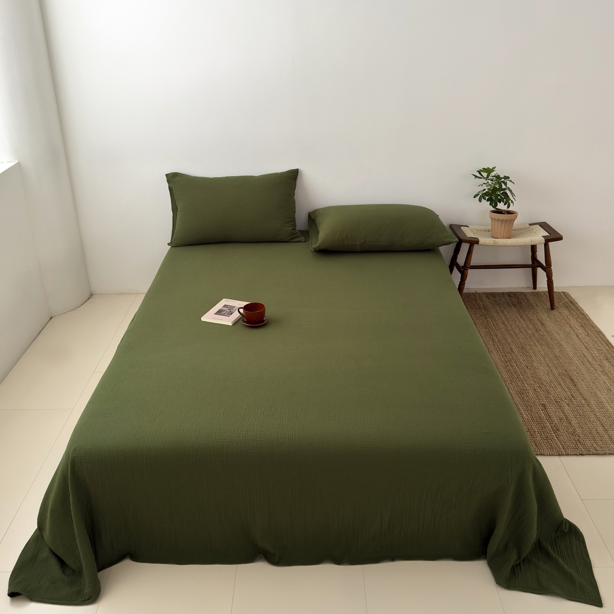 玖弘家居 2025新款软糯皱皱纱单品床单系列 橄榄绿