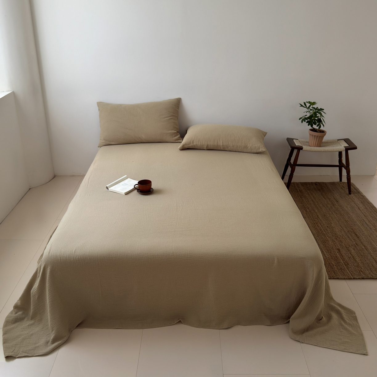 91家纺网 家纺一手货源 找家纺 玖弘家居 2025新款软糯皱皱纱单品床单系列 燕麦