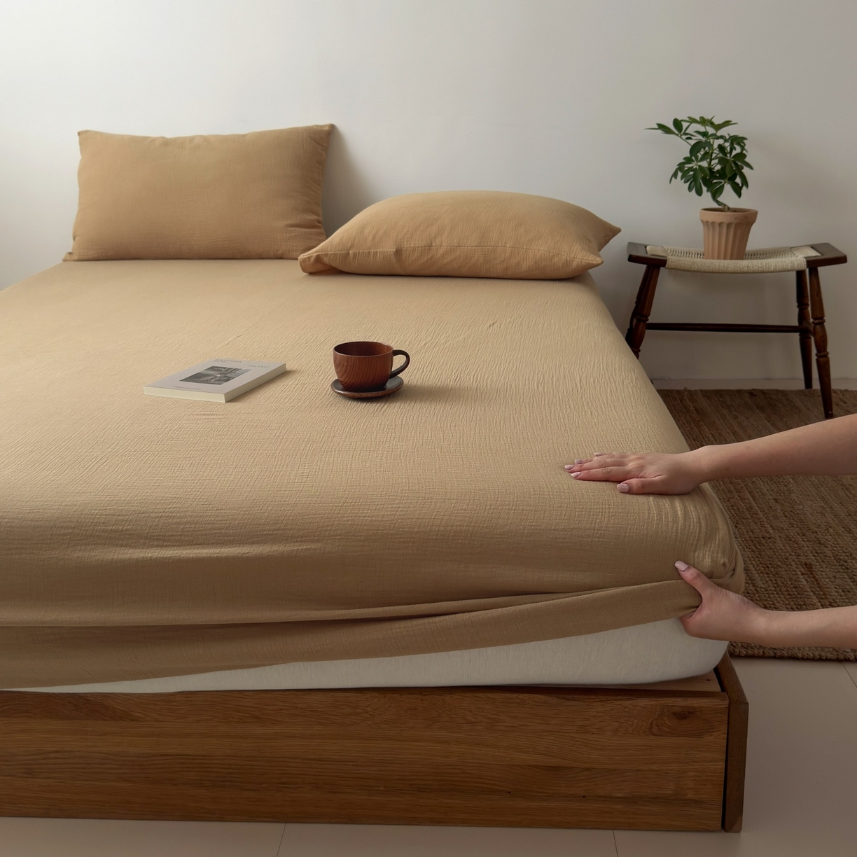 玖弘家居 2025新款软糯皱皱纱单品床笠系列 杏仁